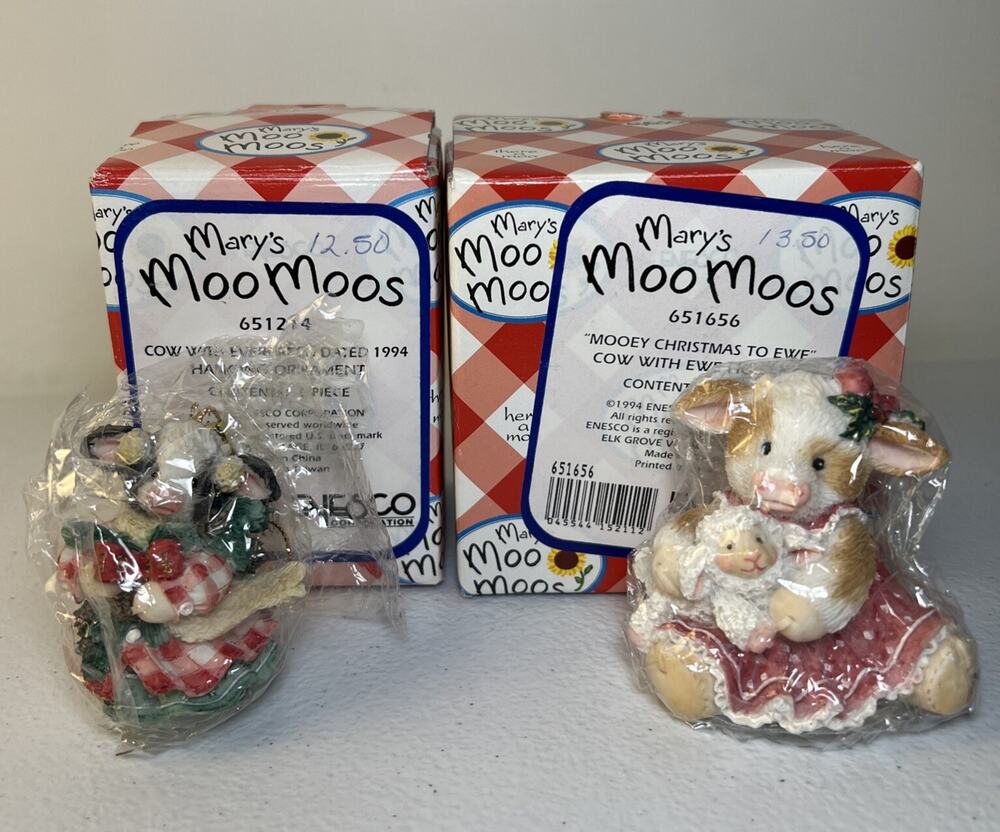 Enesco 1994 Mary's Moo Moos 651656 Mooey Christmas To Ewe 651214 Ornament w/Box